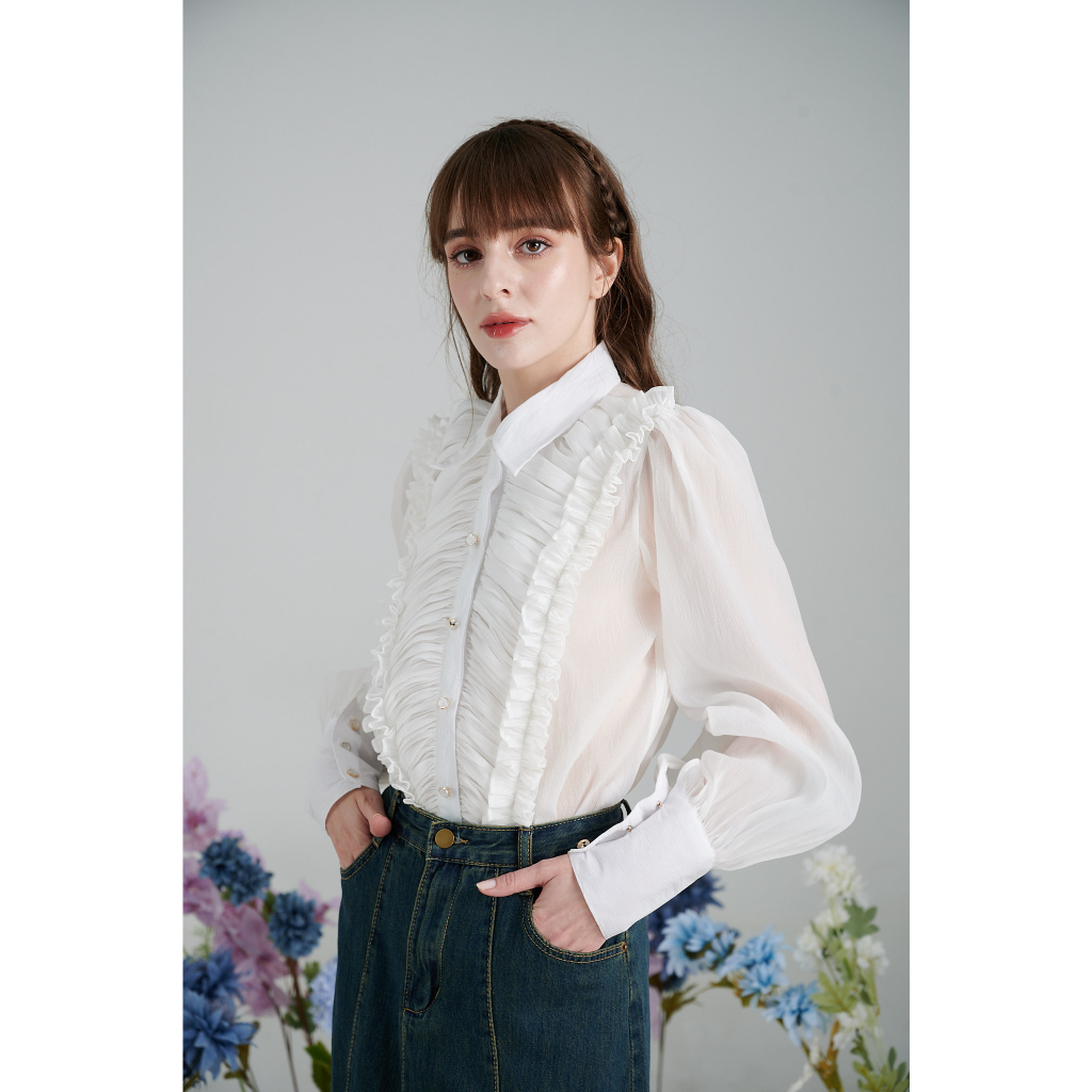 Saralee Shirt - Áo sơ mi nữ trắng tơ vân nhúm bèo