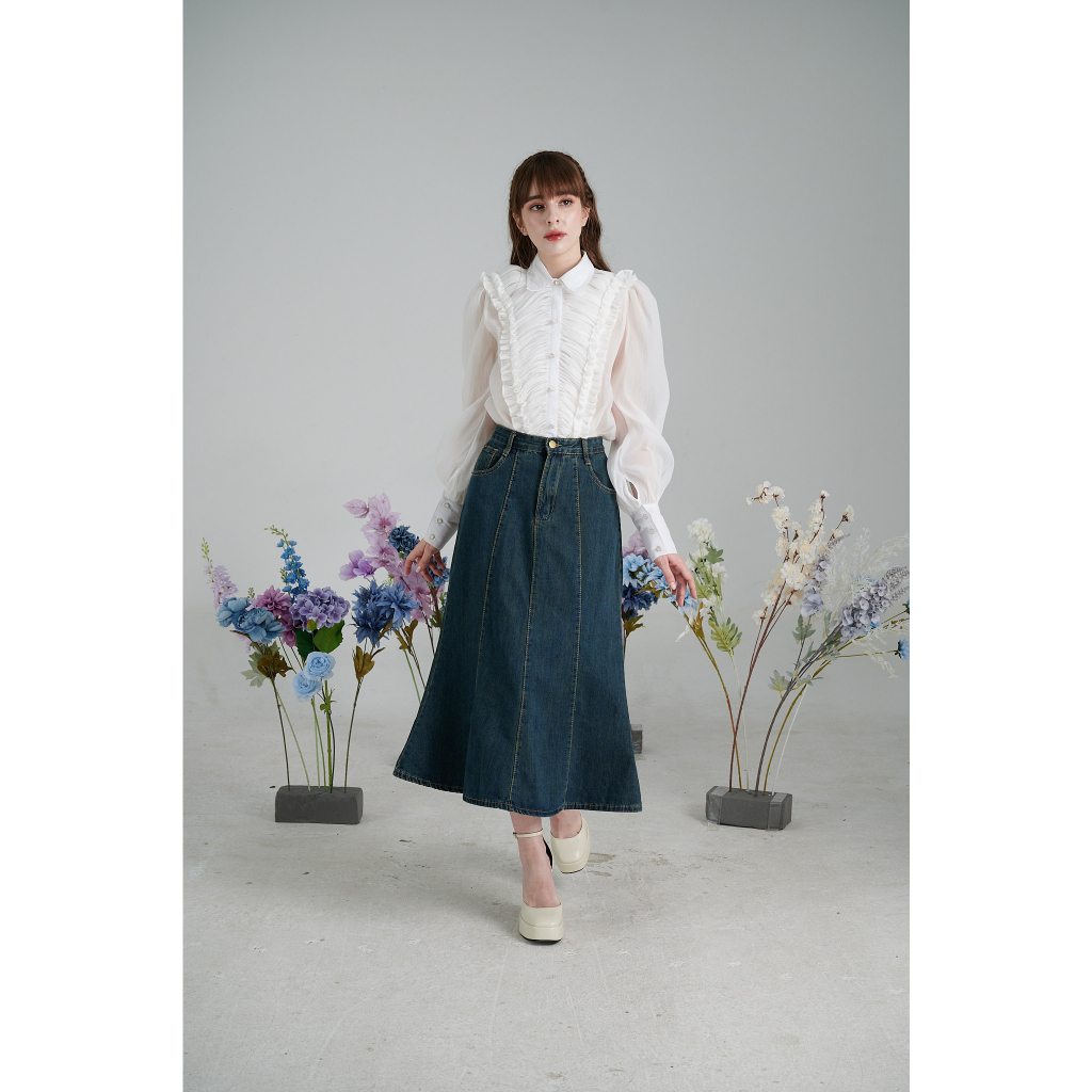 Saralee Shirt - Áo sơ mi nữ trắng tơ vân nhúm bèo