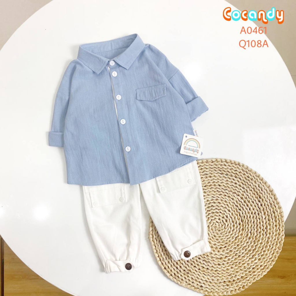 Set đồ cho bé -Áo dài XANH cổ tay viền trắng và Quần kaki trắng cúc gỗ cho bé của COCANDY mã A0461,Q108A