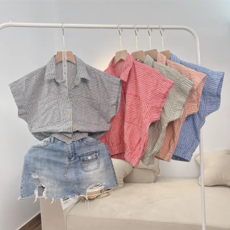 Áo Sơ Mi Nữ Croptop Dáng Lửng Bo Lai Thun Kẻ Sọc