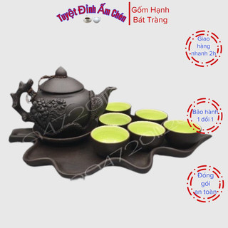 Bộ ấm chén gốm bát tràng tử sa đất đen khay lá ấm đắp nổi 450ml