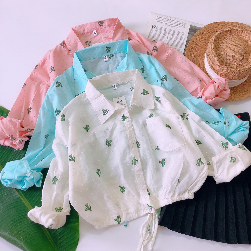 Sơ Mi Kate Bông In Hình Xương Rồng Tay Bo Eo - Jancaroshop