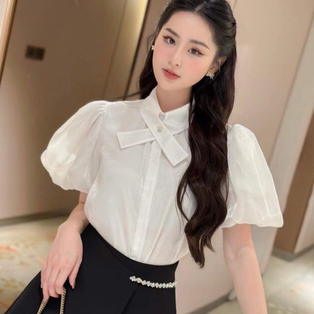 [NEW] Áo sơ mi cổ vát nơ đính hoa đá thanh lịch sang chảnh hàng 2 lớp dày dặn [HÀNG LOẠI 1 ]•JENNYCLOSET ® | BigBuy360 - bigbuy360.vn