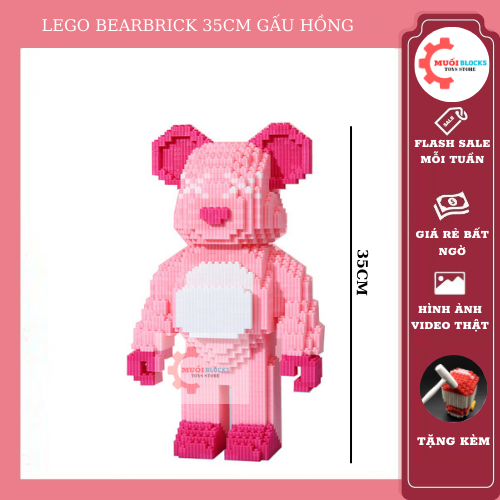 Lego gấu Bearbrick 35cm Hồng hãng Xinz . Mô hình lắp ráp lego decor trang trí Bearbrick Hồng 35cm - MBLOCK