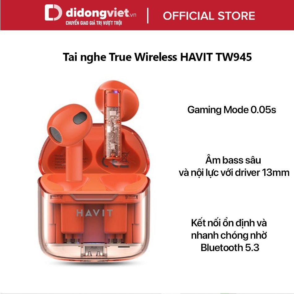 Tai nghe True Wireless HAVIT TW945 Chính hãng - Bluetooth 5.3, Âm bass sâu và nội lực với driver 13mm, Gaming Mode 0.05s