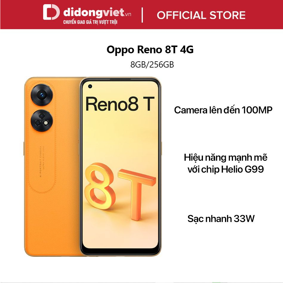Điện thoại Oppo Reno 8T 4G Chính hãng - Camera 100MP, chipset Helio G99, Sạc nhanh SUPERVOOC 33W, màn hình AMOLED 6.4"