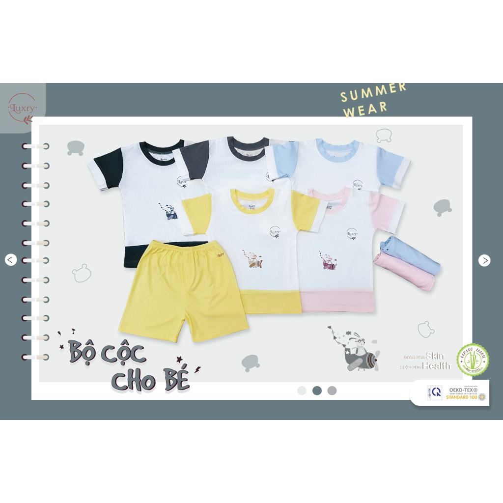 Bộ cộc tay cổ tròn gân tăm Luxry chất vải sợi tre đáng yêu cho bé trai bé gái từ 9 tháng đến 5 tuổi