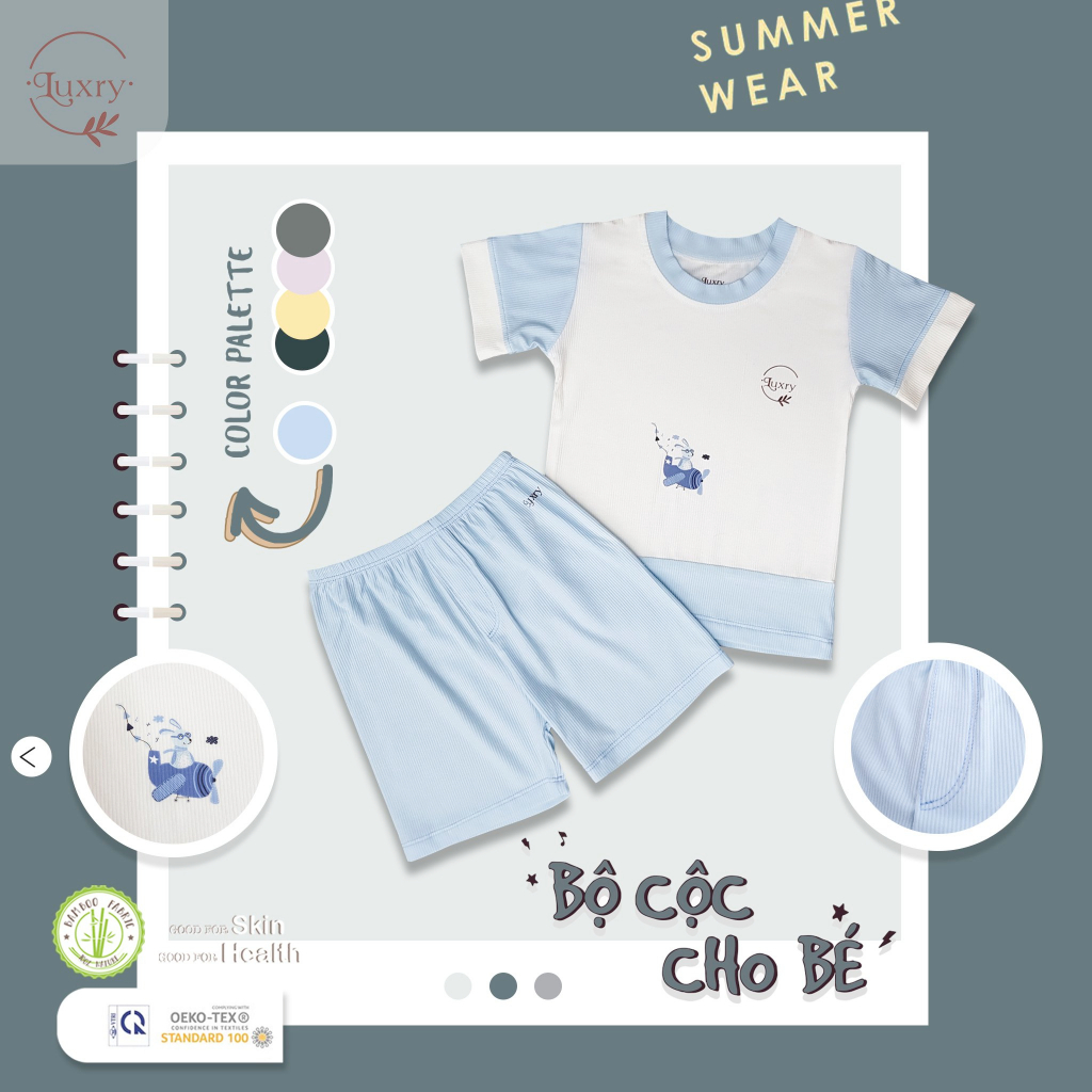 Bộ cộc tay cổ tròn gân tăm Luxry chất vải sợi tre đáng yêu cho bé trai bé gái từ 9 tháng đến 5 tuổi