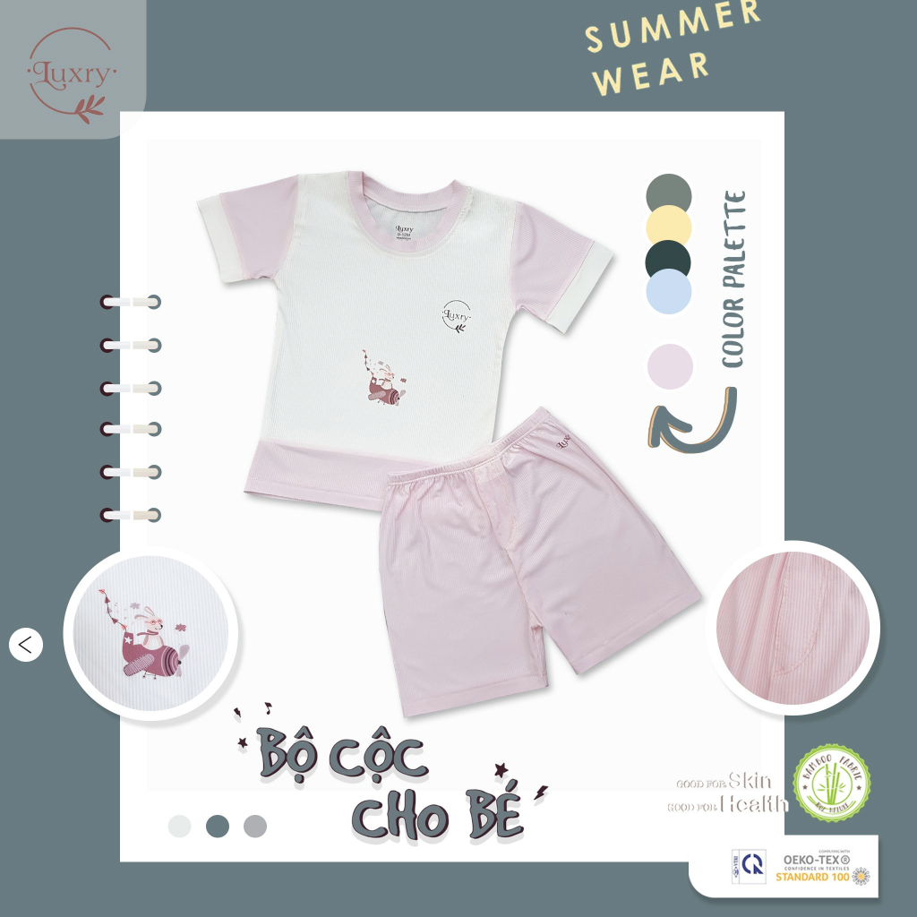 Bộ cộc tay cổ tròn gân tăm Luxry chất vải sợi tre đáng yêu cho bé trai bé gái từ 9 tháng đến 5 tuổi