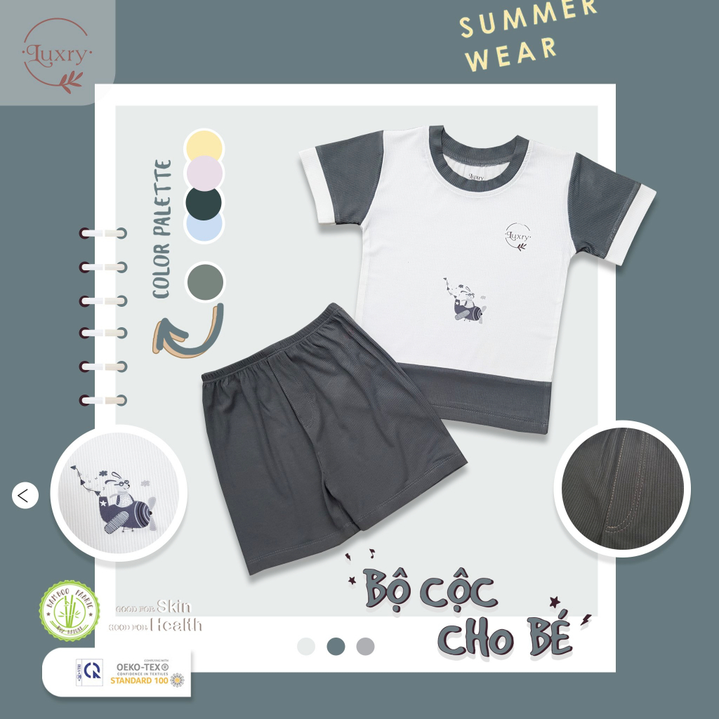 Bộ cộc tay cổ tròn gân tăm Luxry chất vải sợi tre đáng yêu cho bé trai bé gái từ 9 tháng đến 5 tuổi