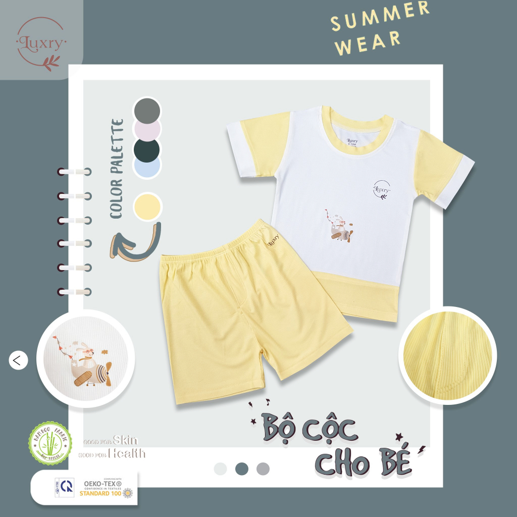 Bộ cộc tay cổ tròn gân tăm Luxry chất vải sợi tre đáng yêu cho bé trai bé gái từ 9 tháng đến 5 tuổi