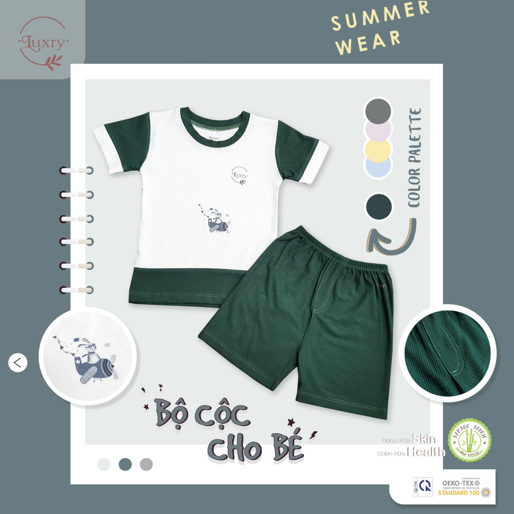 Bộ cộc tay cổ tròn gân tăm Luxry chất vải sợi tre đáng yêu cho bé trai bé gái từ 9 tháng đến 5 tuổi