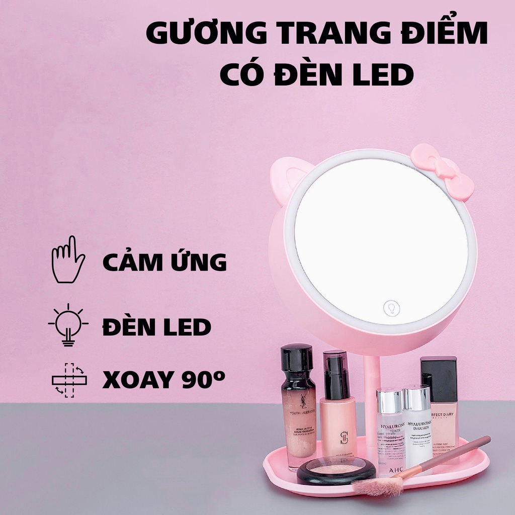 Gương Trang Điểm Cá Nhân Để Bàn có đèn led cảm ứng 2 In 1 Gương LED Để Bàn có cảm ứng tắt mở 3 chế độ sáng - Hello Kitty