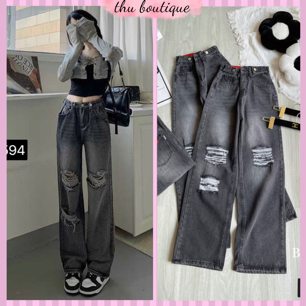 Quần jeans suông ống rộng rách gối cá tính, quần bò suông màu khói hàng đẹp.