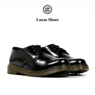 Giày da nam nữ Dr 1461 đen trơn Lucas Shoes, kiểu dáng đốc Unisex, da bóng, đế kếp cao 3,5cm có khâu đế, trẻ trung