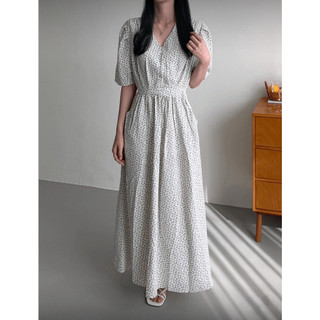 [ogniM Seoul] Đầm chiffon hoa nhí  dây rút dáng dài phong cách Hàn Quốc (Made in Korea)