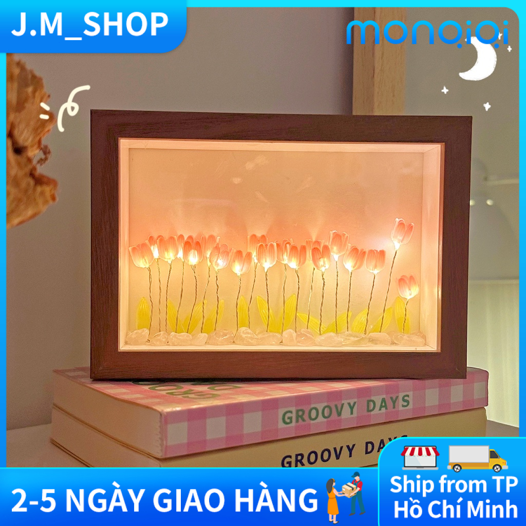 Đèn Led Hoa Tulip Khung Gỗ Để Bàn ( Hàng Có Sẵn ), Set Quà Tặng Tự Làm Ý Nghĩa、Khung Chữ Nhật Bằng gỗ