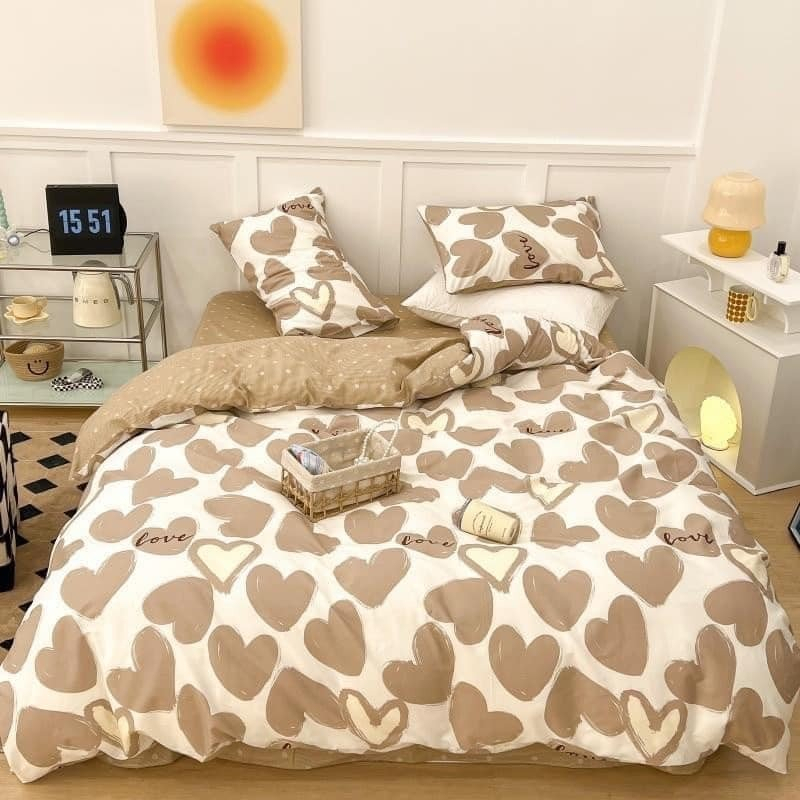 Sét ga gối 3 chi tiết mẫu tim nâu Vin.tage chất pony cotton chống bám bụi bẩn mẫu mới 2023