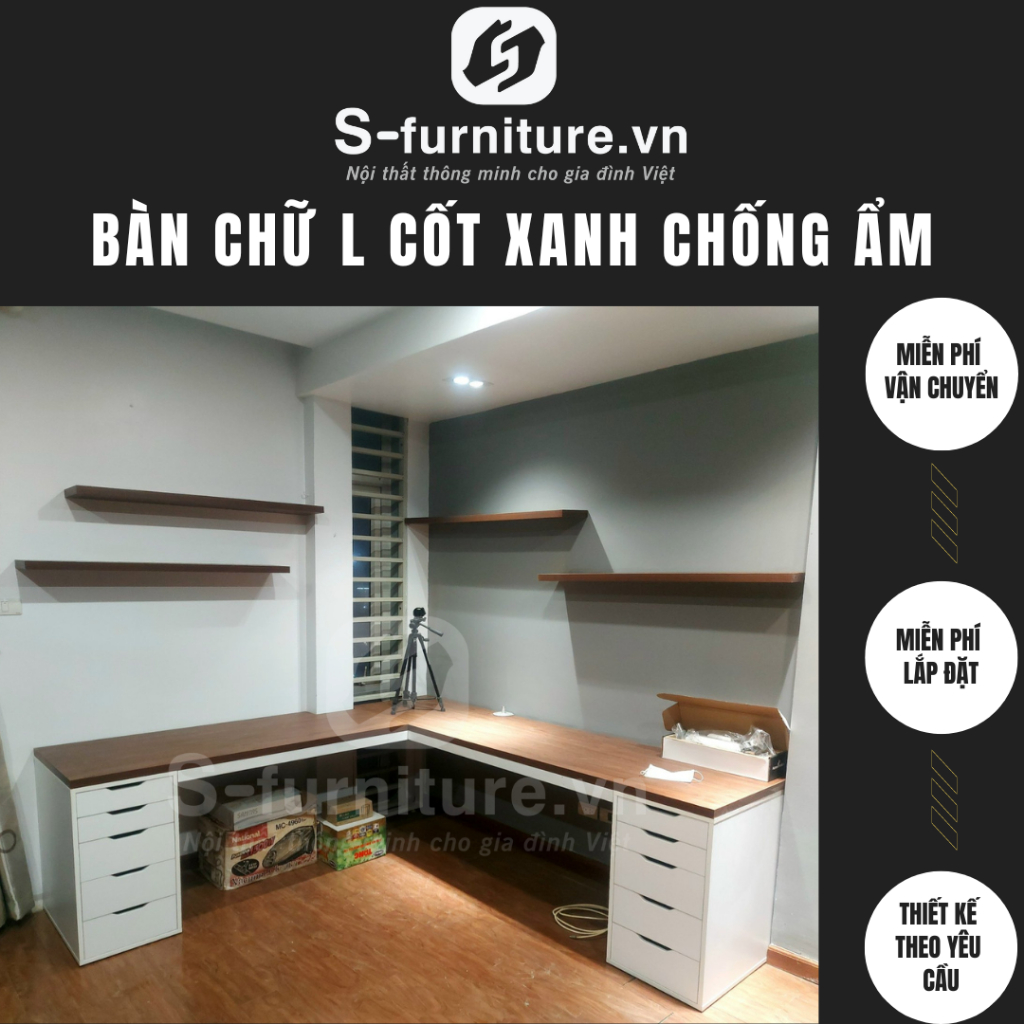 Bàm làm việc chữ L kích thước 1m8x1m2x60 Mặt bàn tap dày 3.4 nguyên tấm không ghép cm FREE SHIP HN.