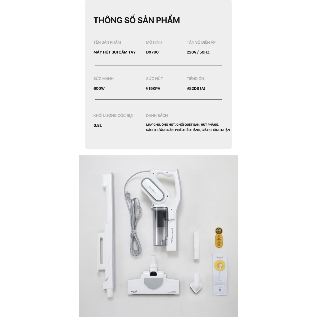 Máy hút bụi cầm tay Deerma DX700 công suất 600W, lực hút 15000Pa, kèm 3 đầu hút, hút sạch mọi ngóc ngánh trong nhà