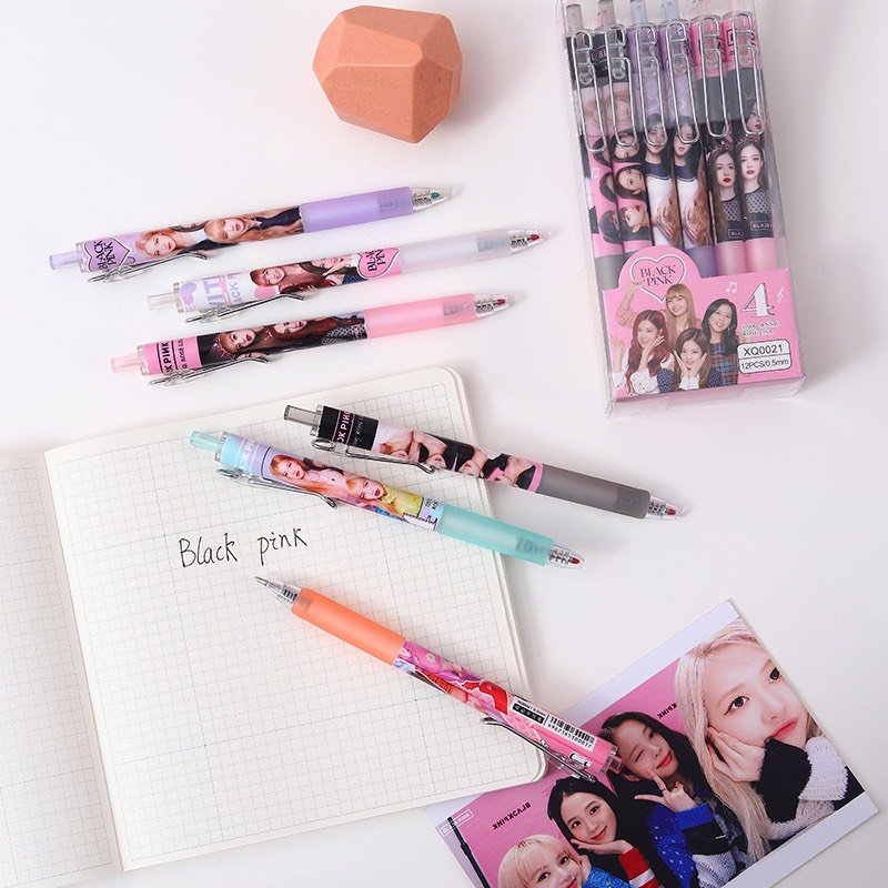Set 12 cây bút gel bấm Black Pink cài kim loại ngòi 0.5mm mực xanh