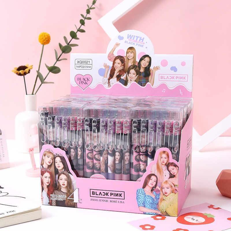 Set 12 cây bút gel bấm Black Pink cài kim loại ngòi 0.5mm mực xanh