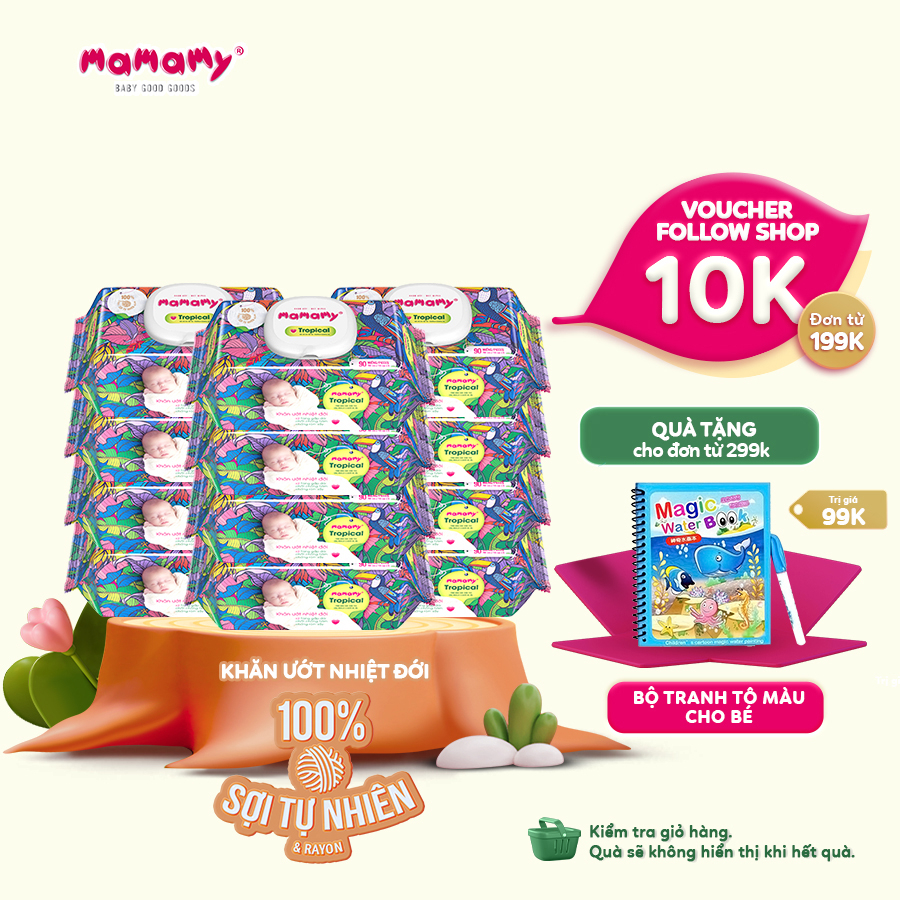 Combo 12 Khăn giấy ướt 100% sợi tự nhiên và rayon Mamamy Tropical Tinh dầu cúc vạn thọ/Không mùi 90 tờ