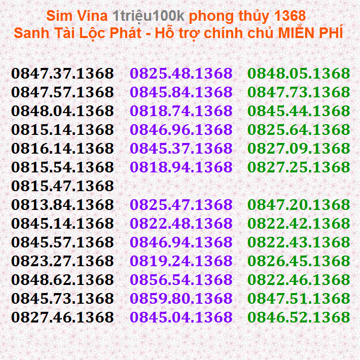 SIM SỐ ĐẸP VIP 1368 Phong thủy Sanh Tài Lộc Phát Vinaphone GIÁ Rẻ 1triệu100k HỖ TRỢ CHÍNH CHỦ đăng ký Nhiều ưu đãi gói