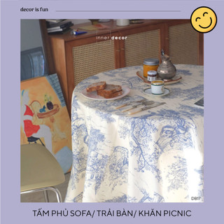 Khăn trải bàn, khăn đi picnic, trải phủ sofa phong cách Pháp hoạ tiết rừng cây nét mực xanh thơ mộng