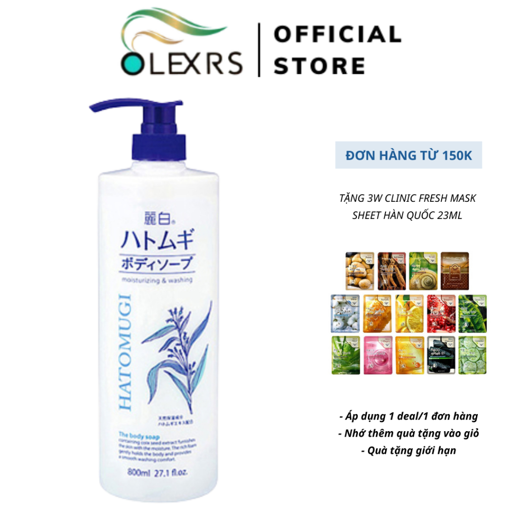 Sữa Tắm Sáng Da, Giảm mụn, Trẻ Hóa Da Reihaku Hatomugi Moisturizing &amp; Washing The Body Soap 800ml