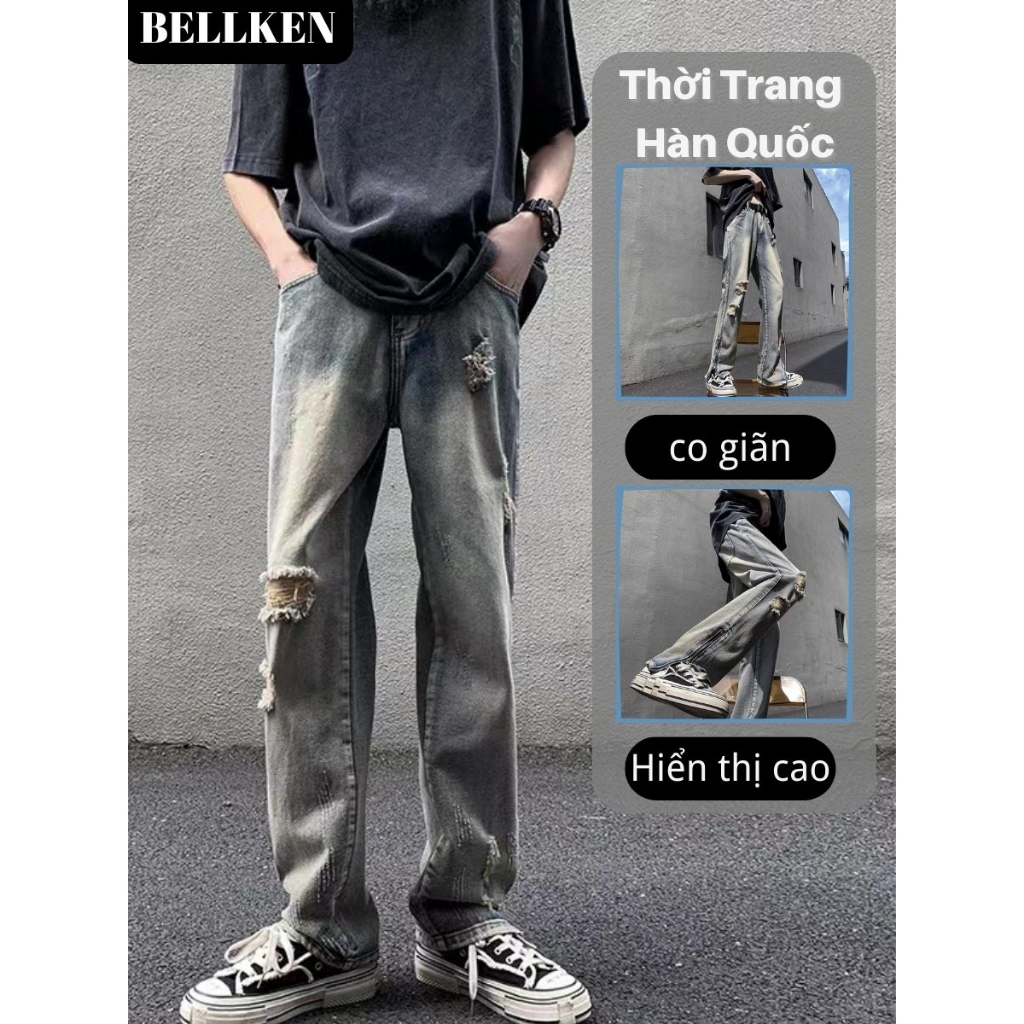 Quần jean ống suông nam Thiết Kế Phong quần jean rách gối Cách Vintage Dành quần jean Và Nam
