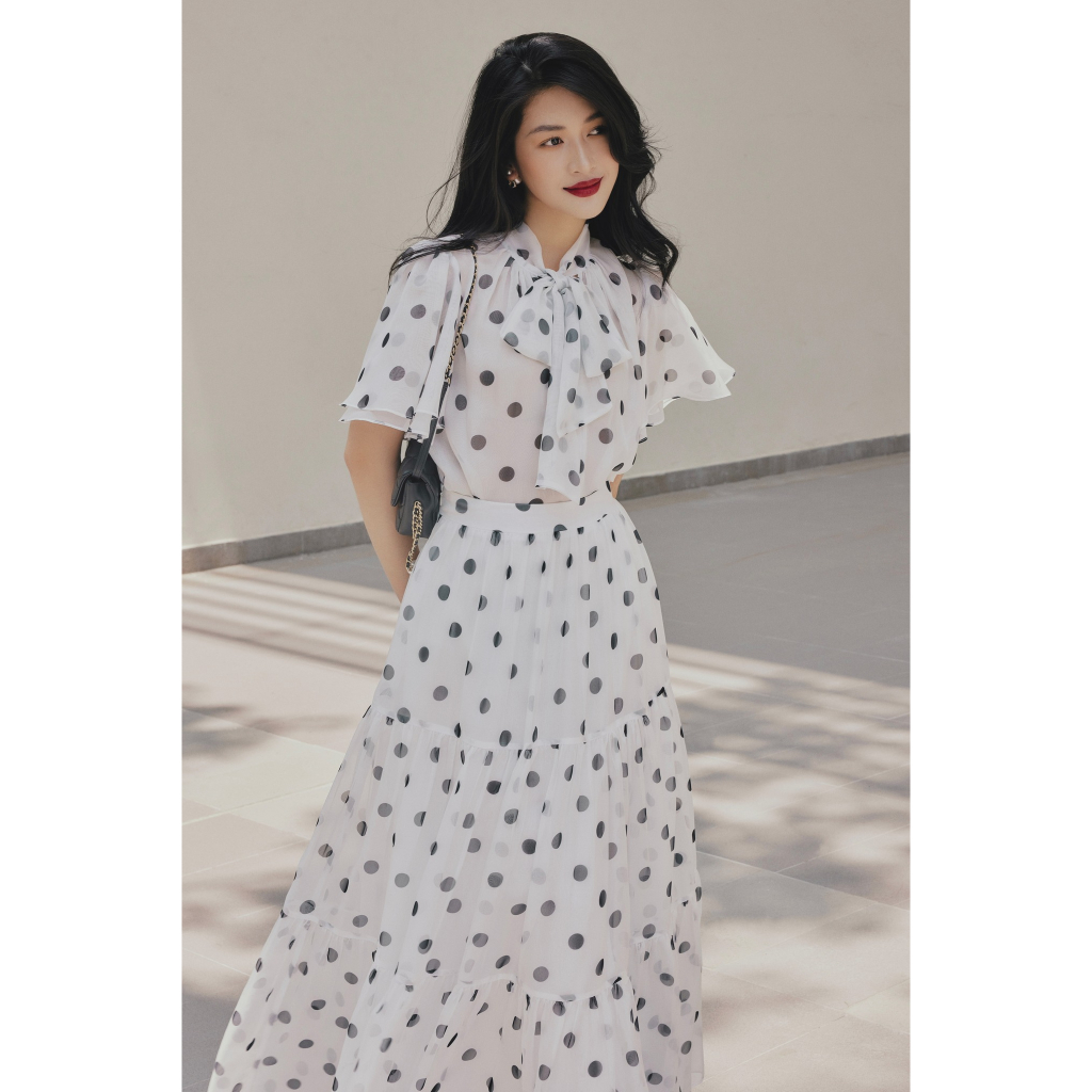 Áo sơ mi tơ tằm chấm bi tay cánh tiên HUONG BOUTIQUE HBSM1067