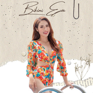 Bikini bộ bơi đồ bơi đi biển nữ liền thân tay voan phồng họa tiết hoa cam siêu sang EVA SHOP LTHCTV