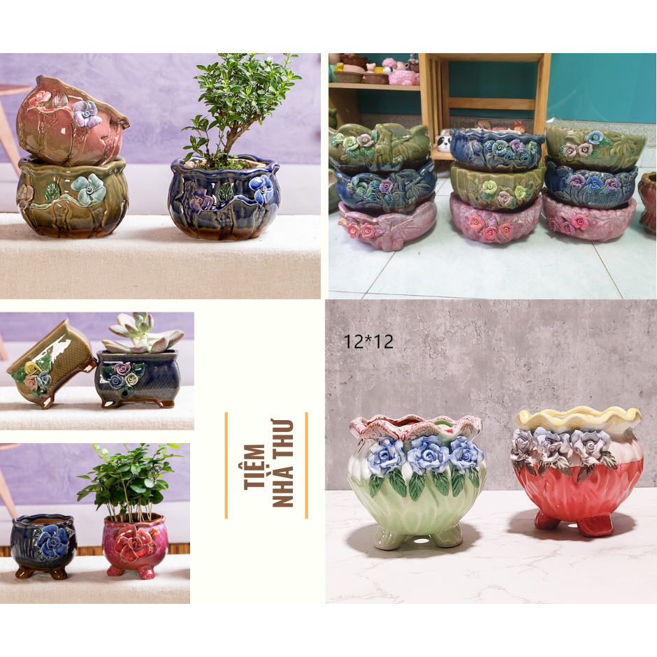 Chậu gốm 3D hoa đắp nổi trồng sen đá nhập Khẩu Trung