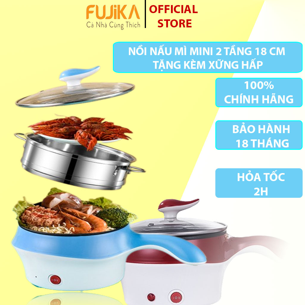 Nồi Lẩu Mini 2 Tầng, Nồi lẩu điện mini 2 tầng kèm giá hấp đa năng chiên chống dinh tiện lợi  FUJIKA