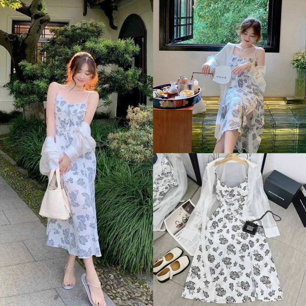 Set đầm váy midi trắng họa tiết 2 dây hoa xẻ tà kèm áo khoác trắng tay dài duyên dáng cho các nàng đi dự tiệc, đi biển