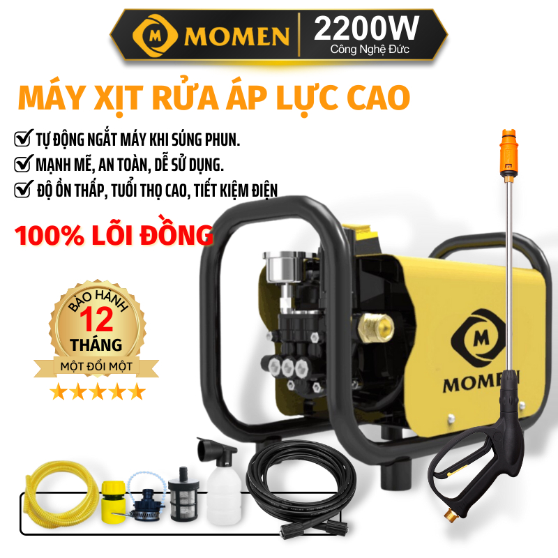 Máy rửa xe lõi toàn đồng áp lực cao MO2200pre, có núm chỉnh áp, công suất 2200W, máy xịt rửa xe gia đình áp lực cao