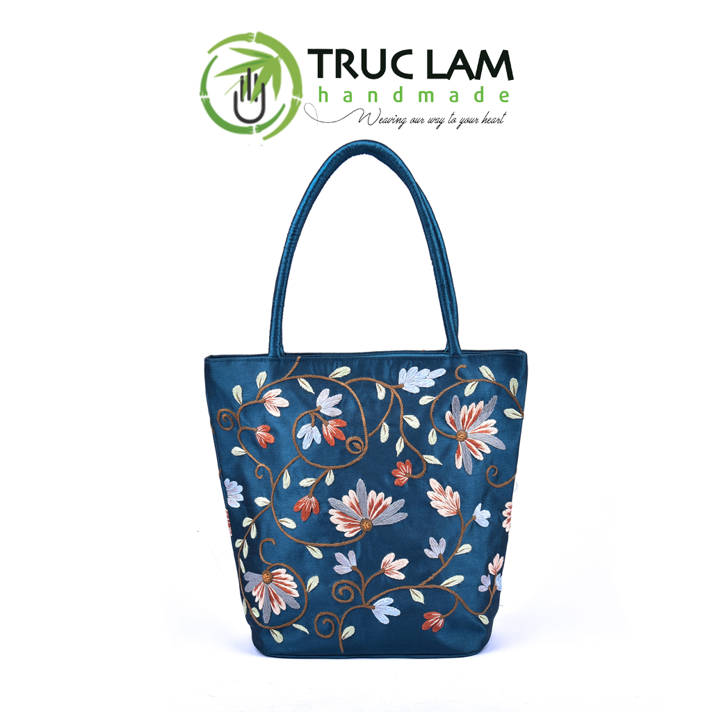Túi Đeo Vai Xách Tay Tote Vải Tafta Cao Cấp Họa Tiết Hoa Cỏ Thêu Tay THEUT52 Trúc Lâm Handmade