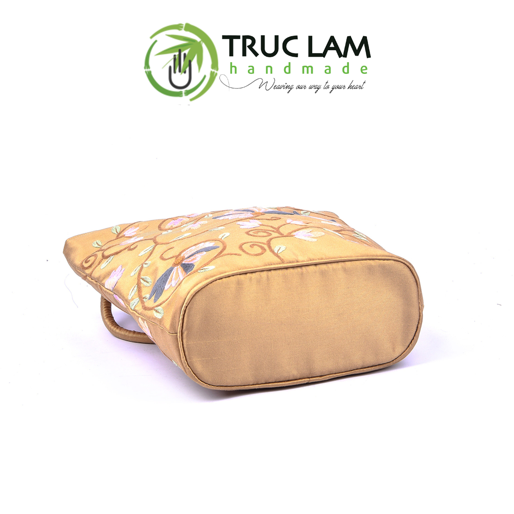 Túi Đeo Vai Xách Tay Tote Vải Tafta Cao Cấp Họa Tiết Hoa Cỏ Thêu Tay THEUT52 Trúc Lâm Handmade