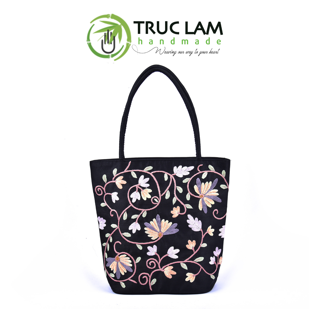 Túi Đeo Vai Xách Tay Tote Vải Tafta Cao Cấp Họa Tiết Hoa Cỏ Thêu Tay THEUT52 Trúc Lâm Handmade