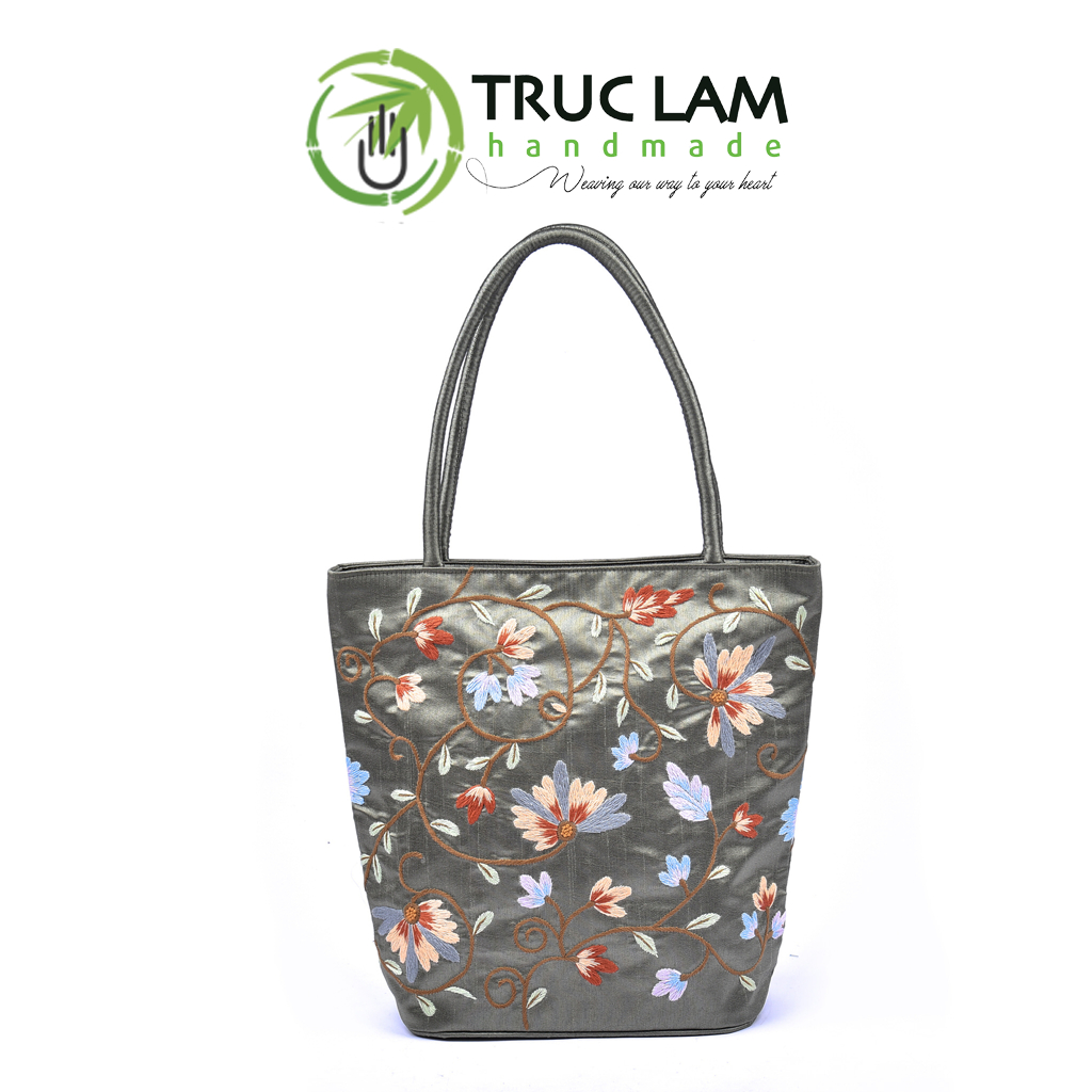 Túi Đeo Vai Xách Tay Tote Vải Tafta Cao Cấp Họa Tiết Hoa Cỏ Thêu Tay THEUT52 Trúc Lâm Handmade