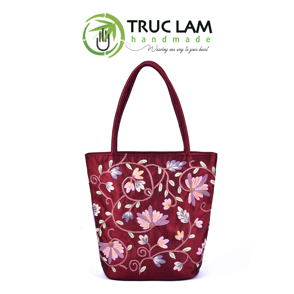 Túi Đeo Vai Xách Tay Tote Vải Tafta Cao Cấp Họa Tiết Hoa Cỏ Thêu Tay THEUT52 Trúc Lâm Handmade