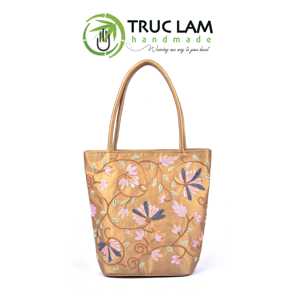 Túi Đeo Vai Xách Tay Tote Vải Tafta Cao Cấp Họa Tiết Hoa Cỏ Thêu Tay THEUT52 Trúc Lâm Handmade