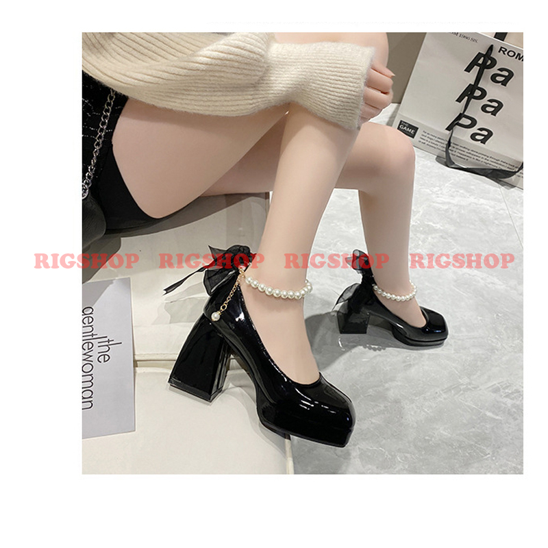 GIÀY CAO GÓT 9CM ĐẾ ĐÚP BÍT MŨI THẮT NƠ NGỌC SIÊU KUTE - D45