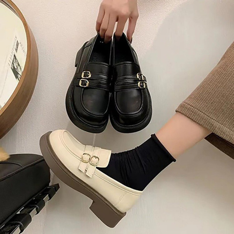 Giày búp bê mũi tròn đế bằng 2 quai ngang phối khoá cực xinh,giày đốc nữ da lì