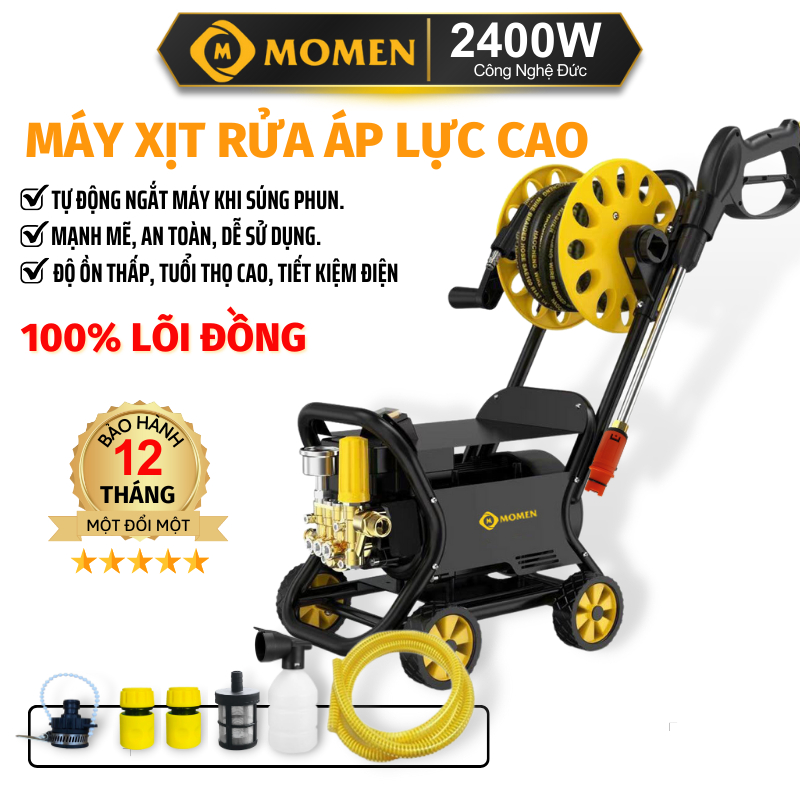 Máy rửa xe bán công nghiệp MO2400pre chính hãng siêu mạnh - Có rulo cuốn dây và khung 4 bánh xe - lõi đồng 100%