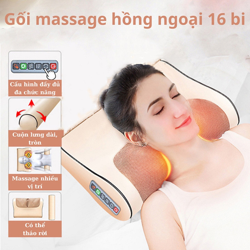 Gối Massage cổ vai gáy hồng ngoại 16 bi cao cấp thế hệ mới, Máy Massage toàn thân giảm nhức mỏi phù hợp mọi lứa tuổi