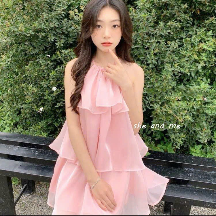 Đầm Váy cổ yếm váy tơ xoè ba tầng váy baby doll dáng xoè màu hồng phấn đẹp mê mẩn phong cách nàng thơ vintage