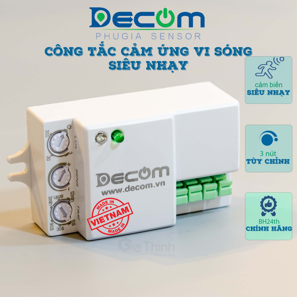 Công tắc tự động cảm ứng vi sóng DECOM DC-701H siêu nhạy xuyên vật cản mỏng công suất nhỏ gọn công suất 500W