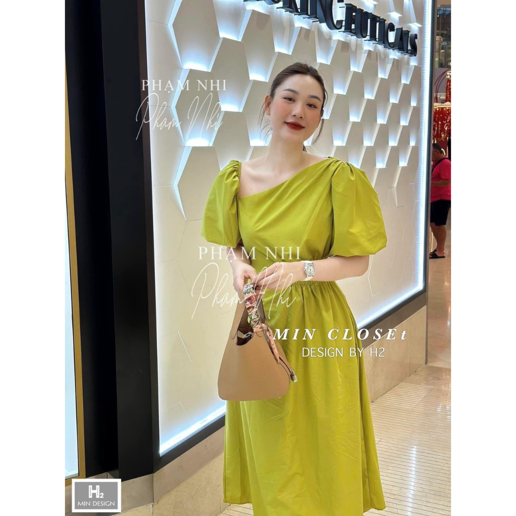 Đầm nữ thiết kế lệch vai cút eo sang trọng, váy đầm nữ dự tiệc tay phồng lệch vai dáng xòe dài chất kate lụa